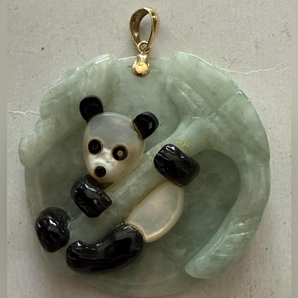 14K 14kt Gold JADE, Mother of Pearl & Onyx PANDA BEAR Pendant